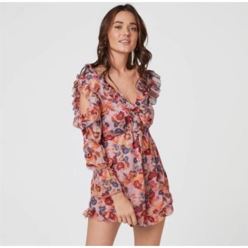 Aqua Ruffled Floral Print Pink Romper Small NWT